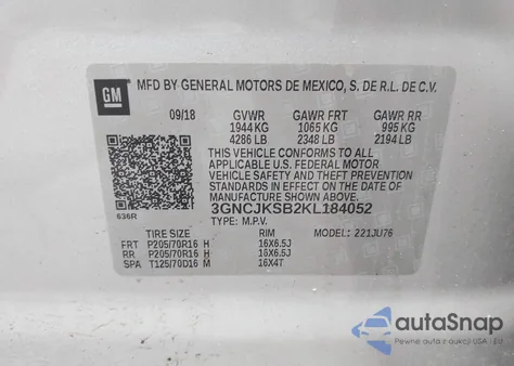 2019 Chevrolet Trax Ls z USA, uszkodzony, nr VIN 3GNCJKSB2KL184052